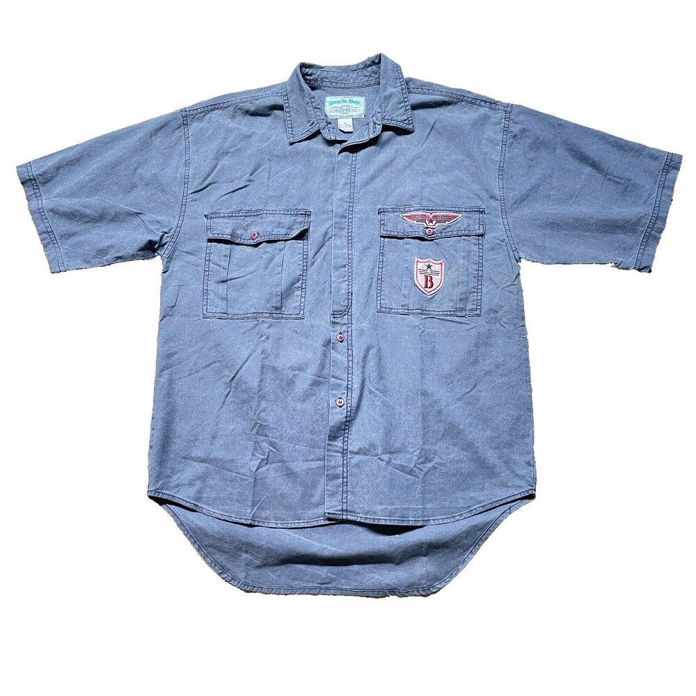 VTG BUGLE BOY Blue Short Sleeve Y2K Embroidered Button Up Shirt Mens Size Med